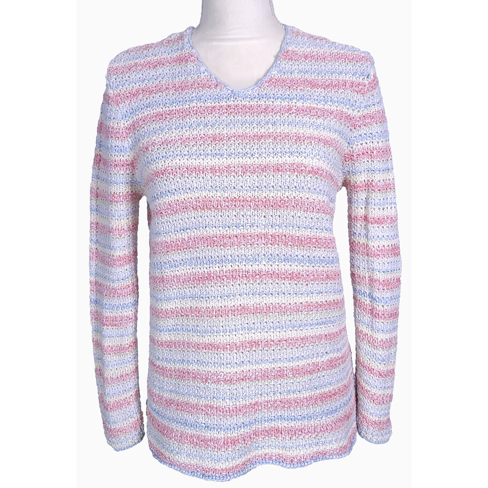 Orvis Pastel Pink Blue White Striped Loose Knit V Neck Sweater Cotton Ramie LG